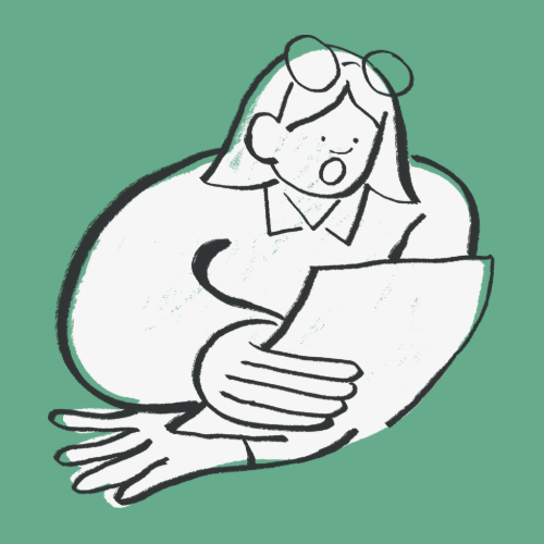 Lesende Frau Grafik einer Frau mit Lesebrille und Zettel in der Hand vor grünem Hintergrund.