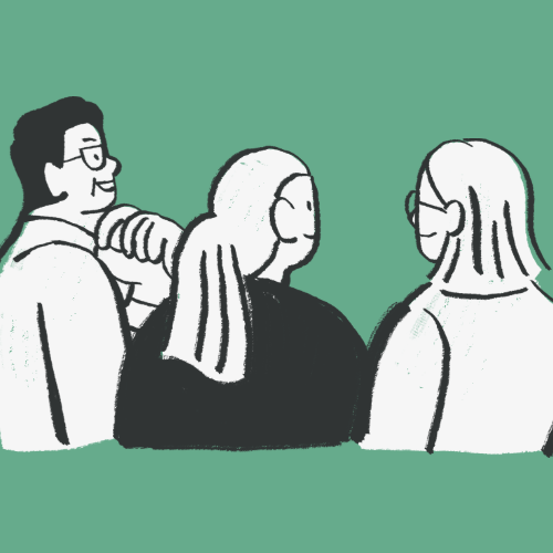 Gruppenabstimmung Grafik aus drei Menschen, die sich unterhalten vor grünem Hintergrund.