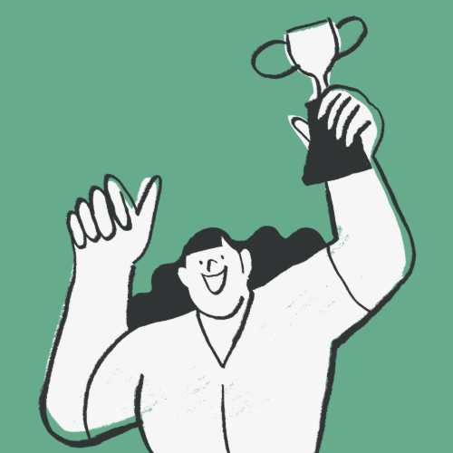 Erfolgreiche SEO-Texte. Grafik einer Frau mit Pokal und Daumen nach oben vor grünem Hintergrund.