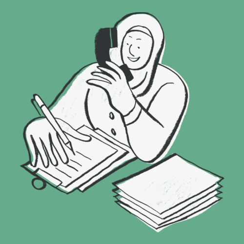 Telefonierende Frau Grafik einer Frau mit Kopftuch, die telefoniert und sich dabei Notizen macht.